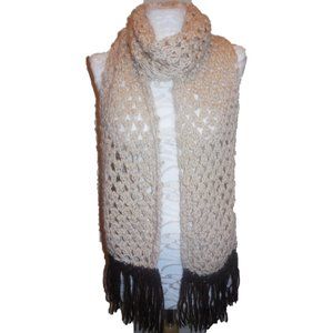 Vintage Scarf Crochet Fringed Handmade Ivory Brown